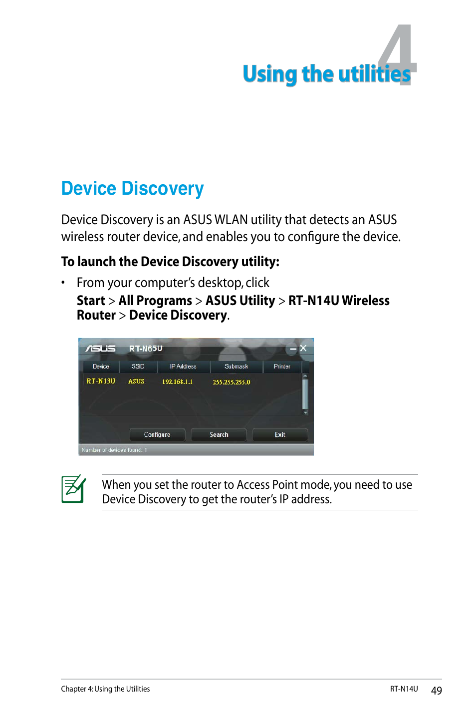 Using the utilities, Device discovery | Asus RT-N14U User Manual | Page 49 / 74