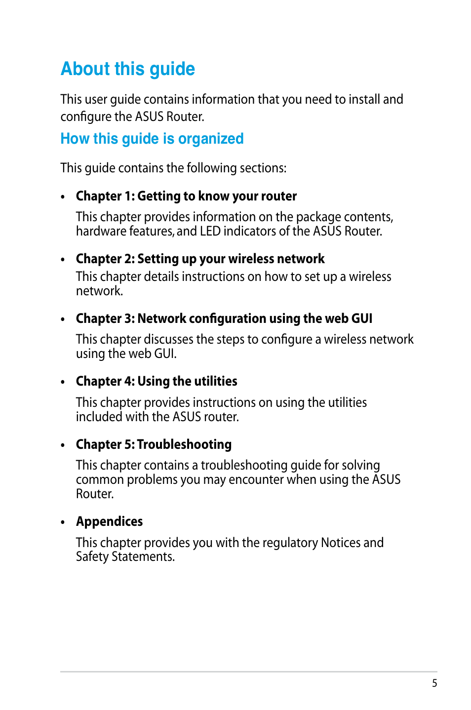 About this guide | Asus RT-N14U User Manual | Page 5 / 74