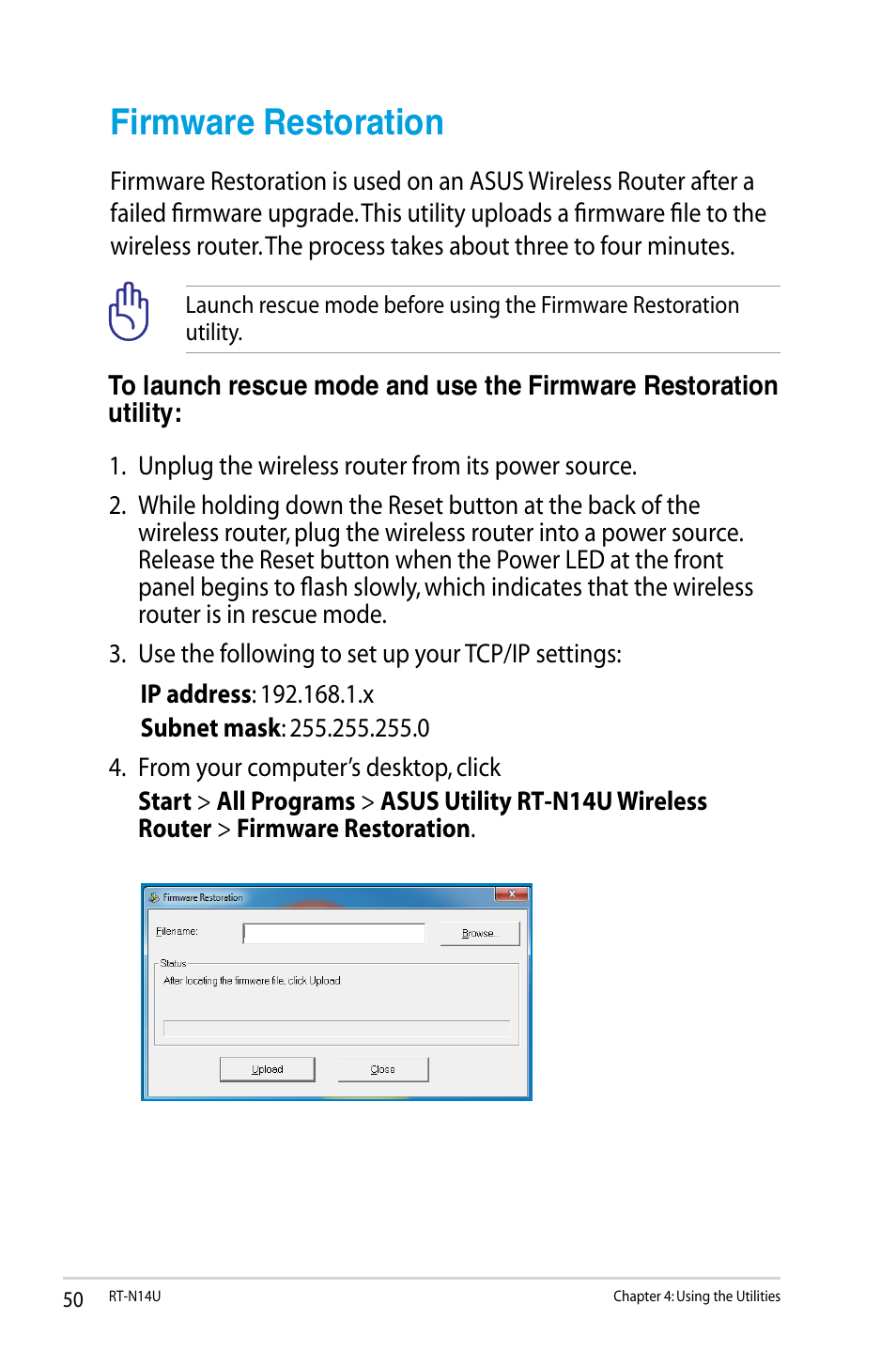 Firmware restoration | Asus RT-N14U User Manual | Page 50 / 74
