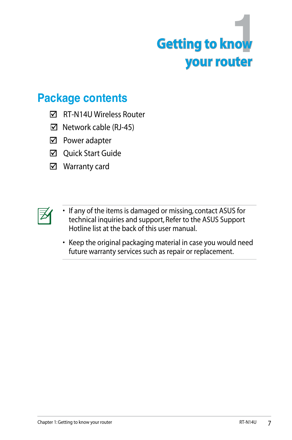 Package contents, Getting to know your router | Asus RT-N14U User Manual | Page 7 / 74