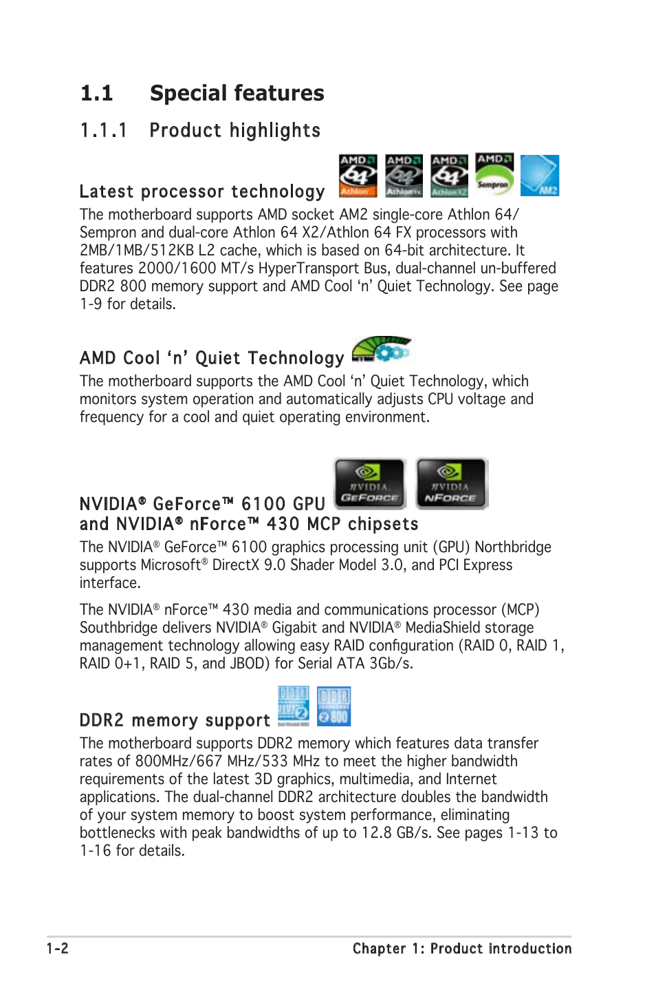 1 special features, 1 product highlights | Asus M2N-MX User Manual | Page 12 / 72