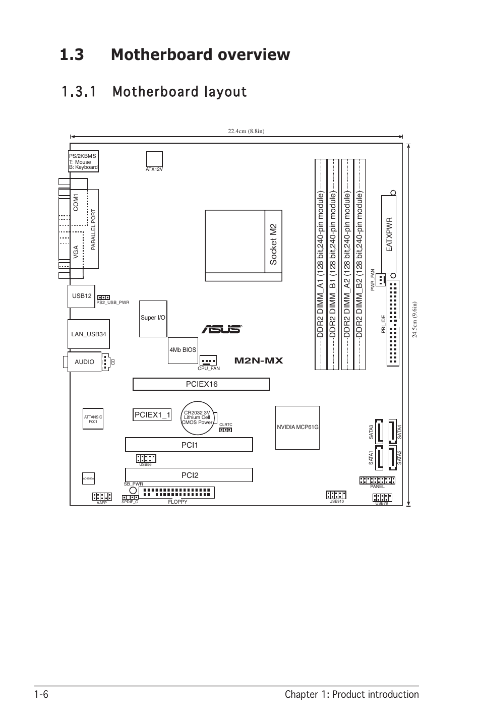 3 motherboard overview, 1 motherboard layout, 6 chapter 1: product introduction | Socket m2, M2n-mx | Asus M2N-MX User Manual | Page 16 / 72