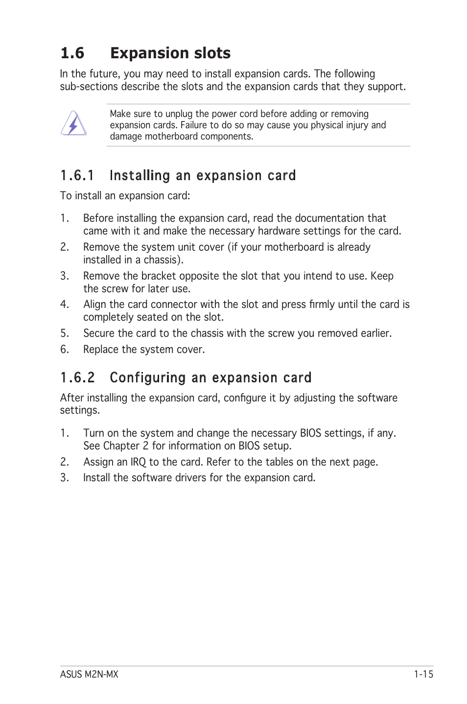 6 expansion slots, 1 installing an expansion card, 2 configuring an expansion card | Asus M2N-MX User Manual | Page 25 / 72