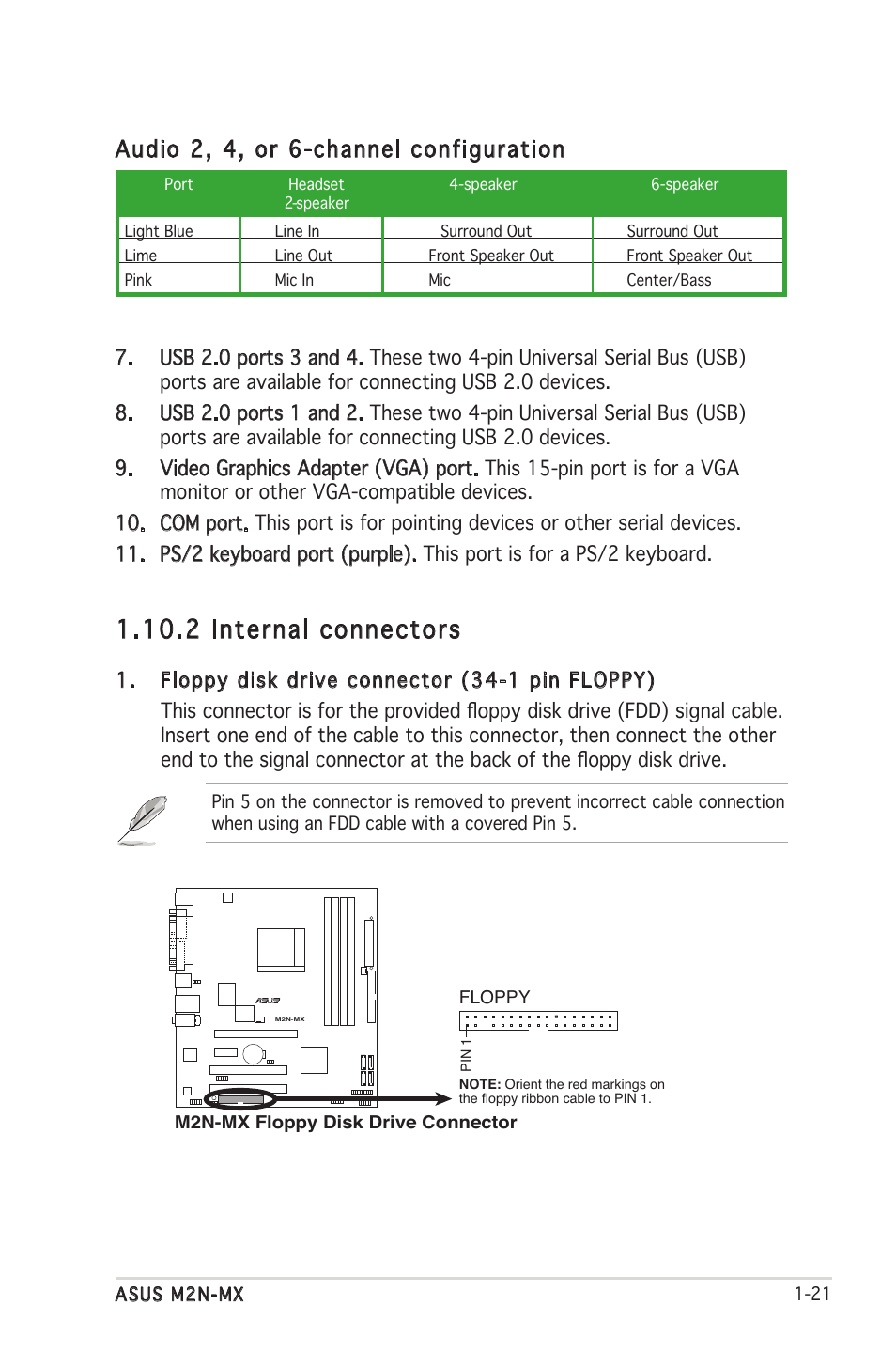 2 internal connectors, Audio 2, 4, or 6-channel configuration | Asus M2N-MX User Manual | Page 31 / 72