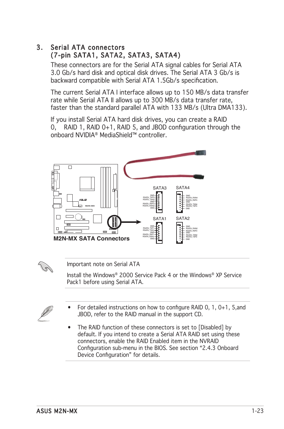 Mediashield™ controller, Asus m2n-mx 1-23, M2n-mx sata connectors | Asus M2N-MX User Manual | Page 33 / 72