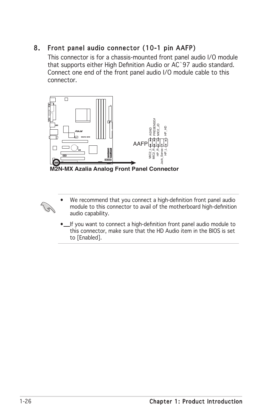 26 chapter 1: product introduction, M2n-mx azalia analog front panel connector, Aafp | Asus M2N-MX User Manual | Page 36 / 72