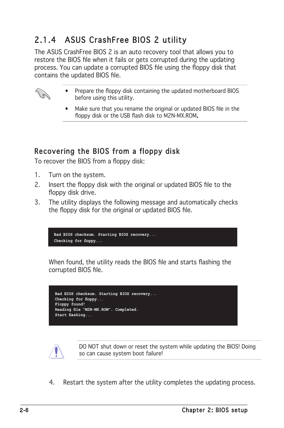 4 asus crashfree bios 2 utility, Recovering the bios from a floppy disk | Asus M2N-MX User Manual | Page 44 / 72