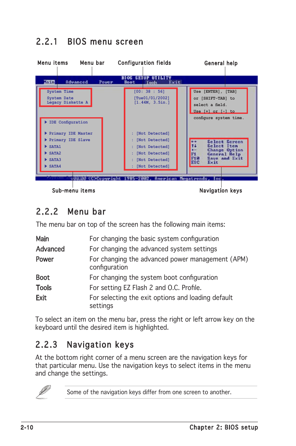 2 menu bar, 1 bios menu screen, 3 navigation keys | Asus M2N-MX User Manual | Page 48 / 72