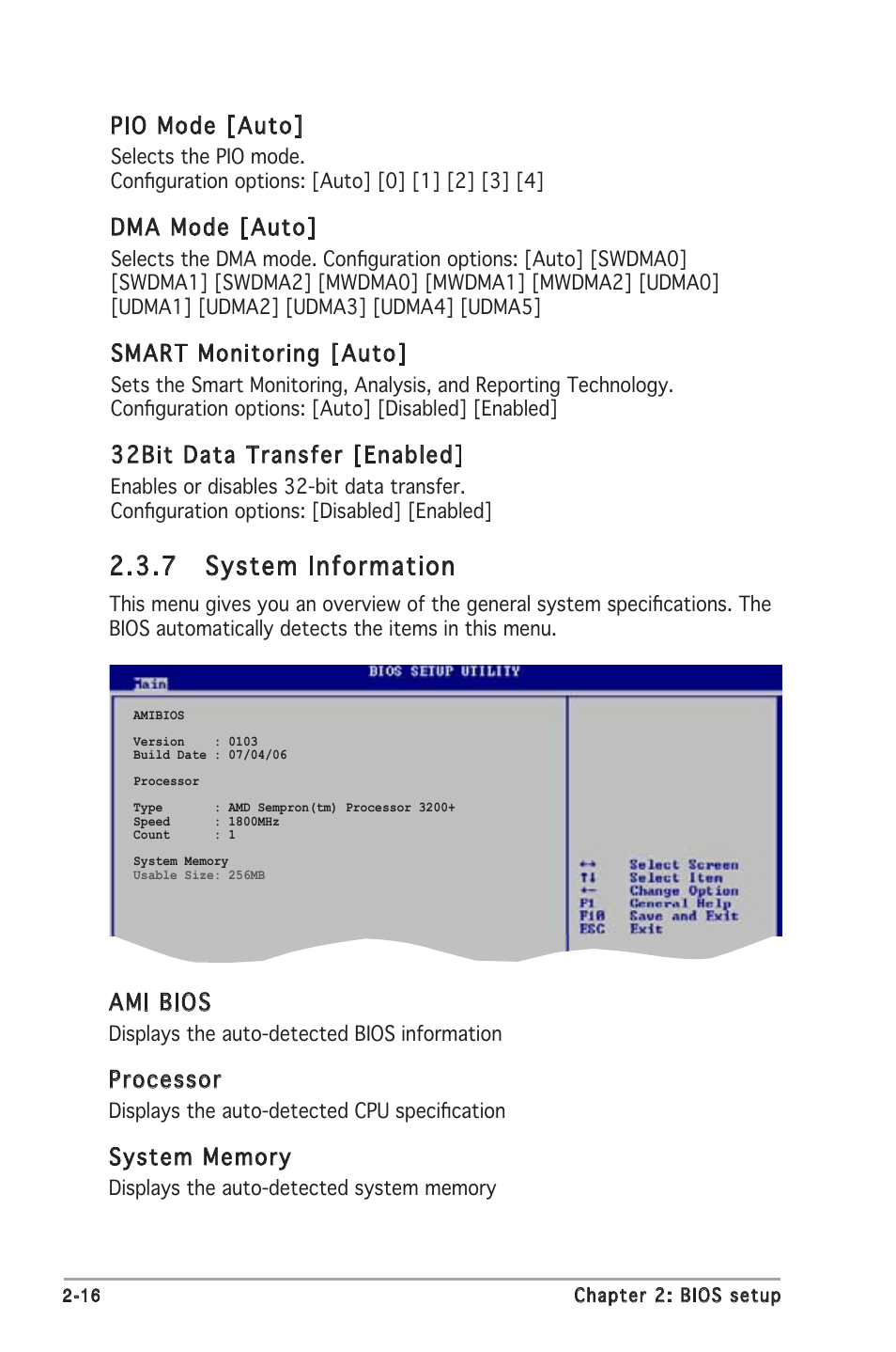 7 system information, Pio mode [auto, Dma mode [auto | Smart monitoring [auto, 32bit data transfer [enabled, Ami bios, Processor | Asus M2N-MX User Manual | Page 54 / 72