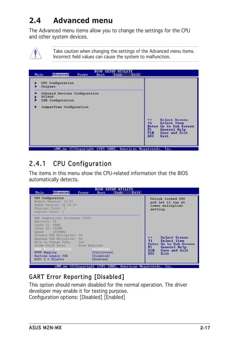 4 advanced menu, 1 cpu configuration, Gart error reporting [disabled | Asus M2N-MX User Manual | Page 55 / 72