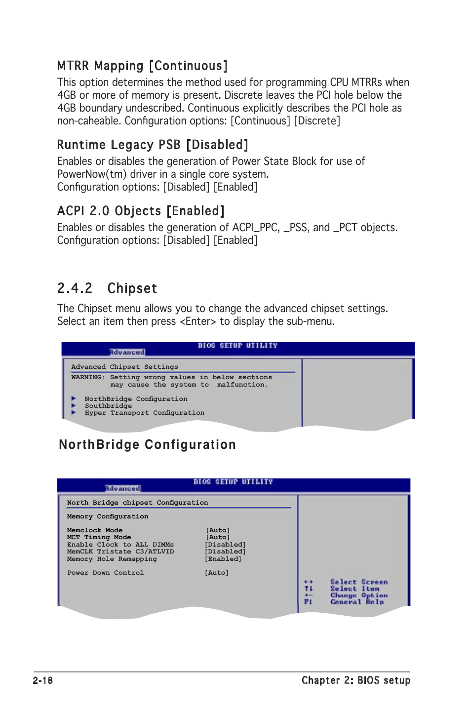 Northbridge configuration 2.4.2 chipset, Mtrr mapping [continuous, Runtime legacy psb [disabled | Acpi 2.0 objects [enabled | Asus M2N-MX User Manual | Page 56 / 72