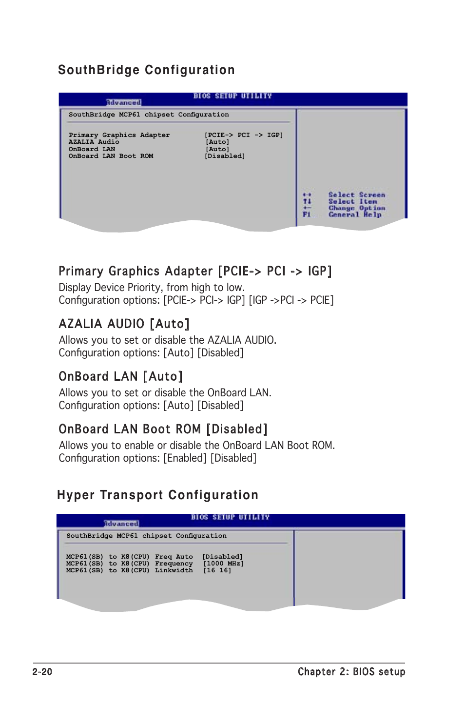 Southbridge configuration, Hyper transport configuration, Primary graphics adapter [pcie-> pci -> igp | Azalia audio [auto, Onboard lan [auto, Onboard lan boot rom [disabled | Asus M2N-MX User Manual | Page 58 / 72