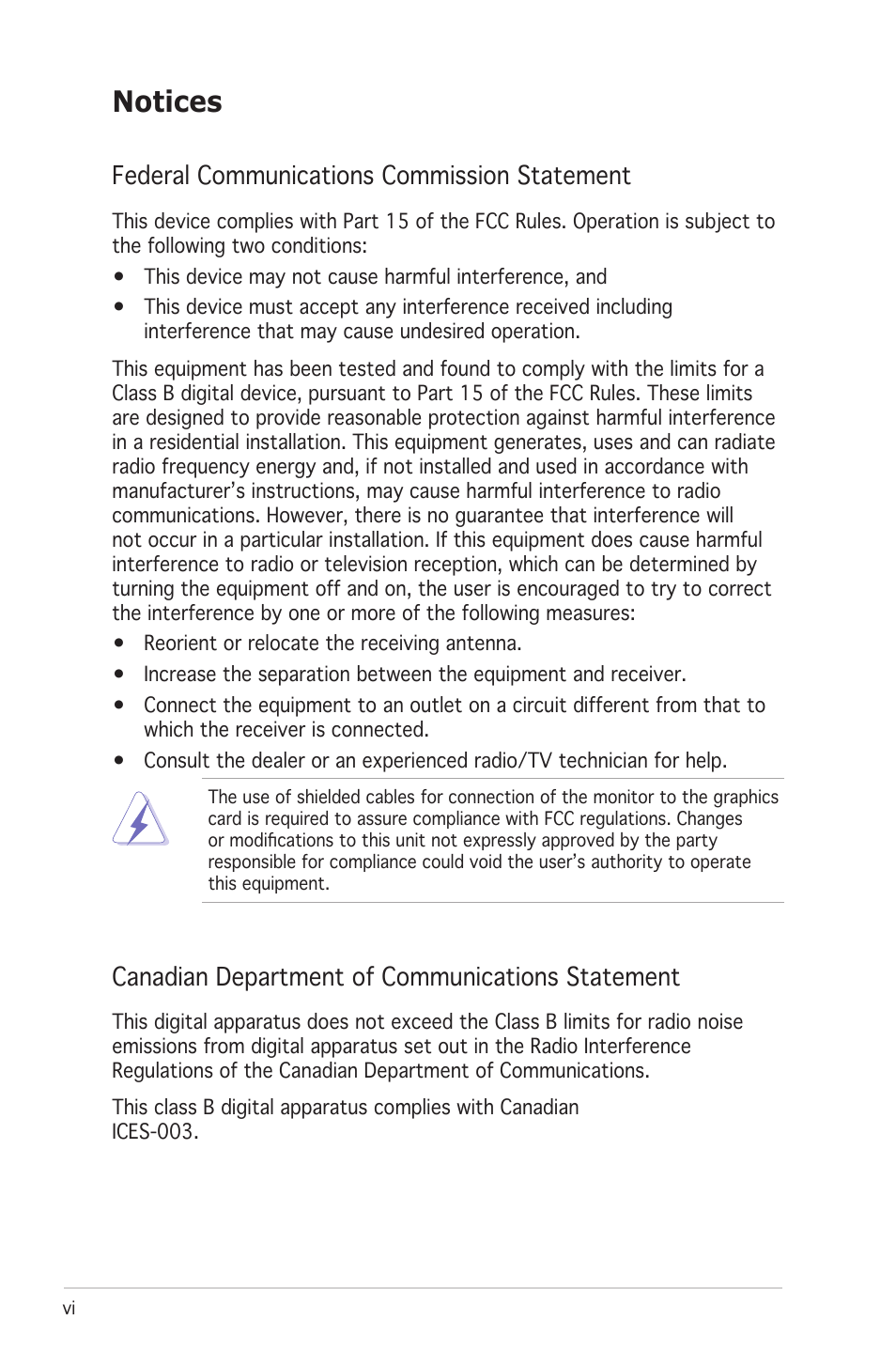 Notices, Federal communications commission statement, Canadian department of communications statement | Asus M2N-MX User Manual | Page 6 / 72