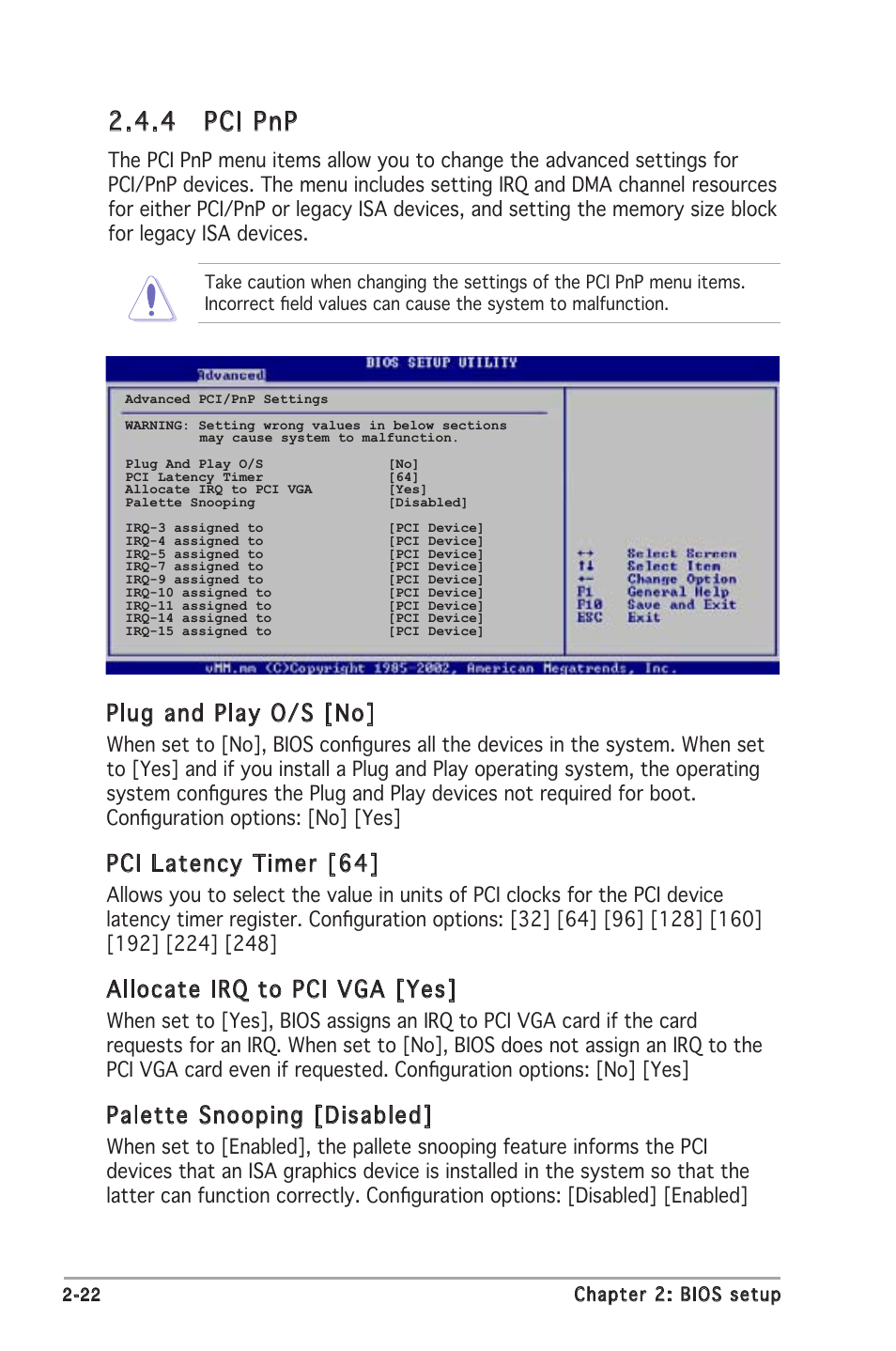 4 pci pnp, Plug and play o/s [no, Pci latency timer [64 | Allocate irq to pci vga [yes, Palette snooping [disabled | Asus M2N-MX User Manual | Page 60 / 72