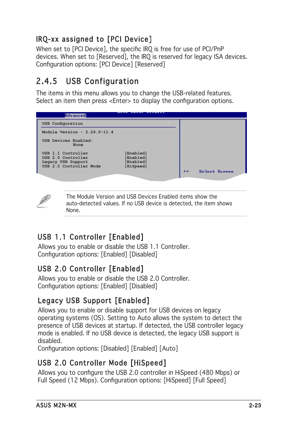 5 usb configuration, Usb 1.1 controller [enabled, Usb 2.0 controller [enabled | Legacy usb support [enabled, Usb 2.0 controller mode [hispeed, Irq-xx assigned to [pci device | Asus M2N-MX User Manual | Page 61 / 72