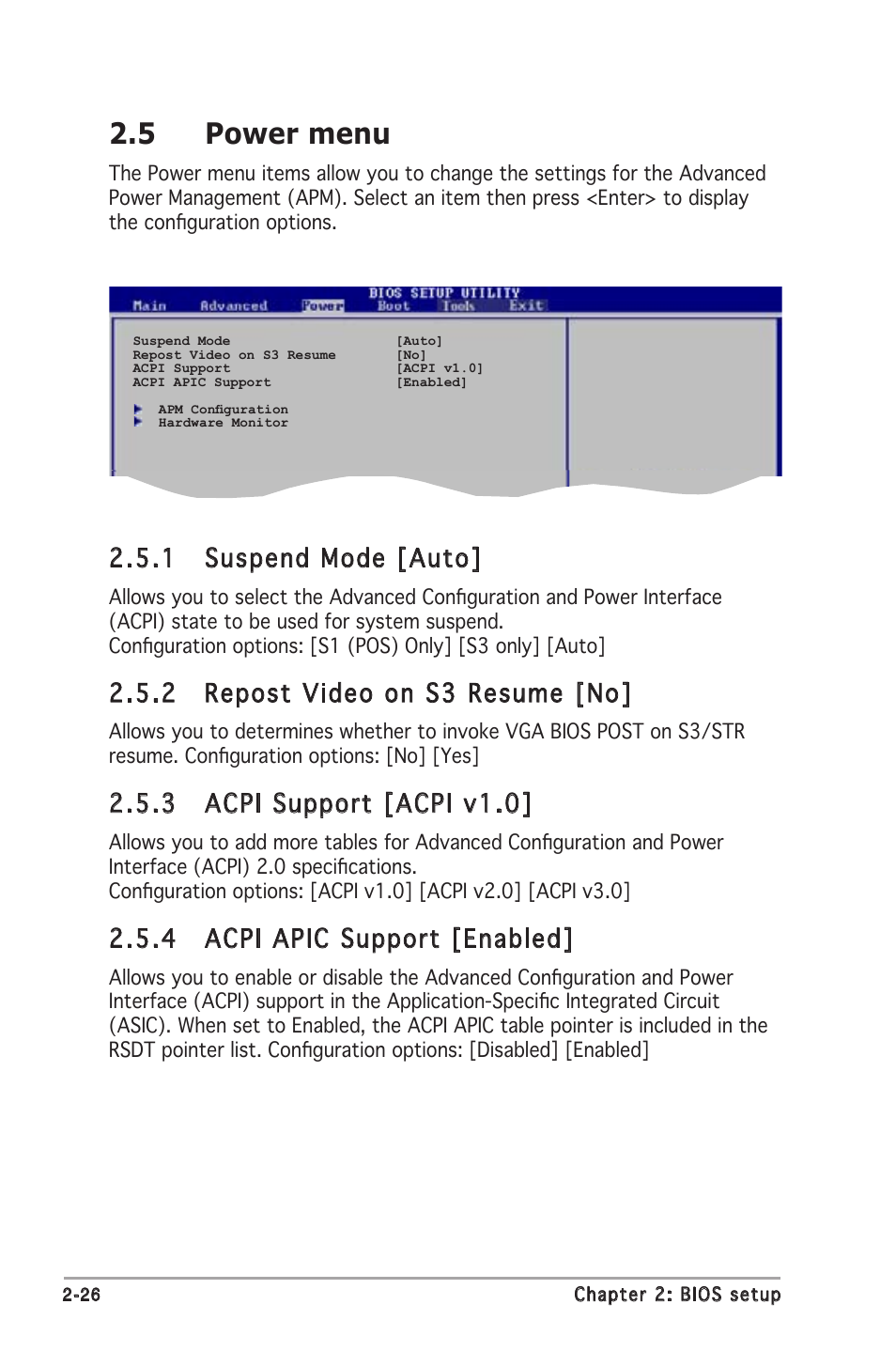 5 power menu, 1 suspend mode [auto, 2 repost video on s3 resume [no | 3 acpi support [acpi v1.0, 4 acpi apic support [enabled | Asus M2N-MX User Manual | Page 64 / 72