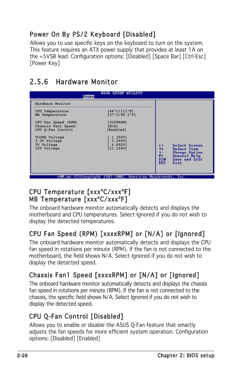 6 hardware monitor, Power on by ps/2 keyboard [disabled, Cpu q-fan control [disabled | Asus M2N-MX User Manual | Page 66 / 72