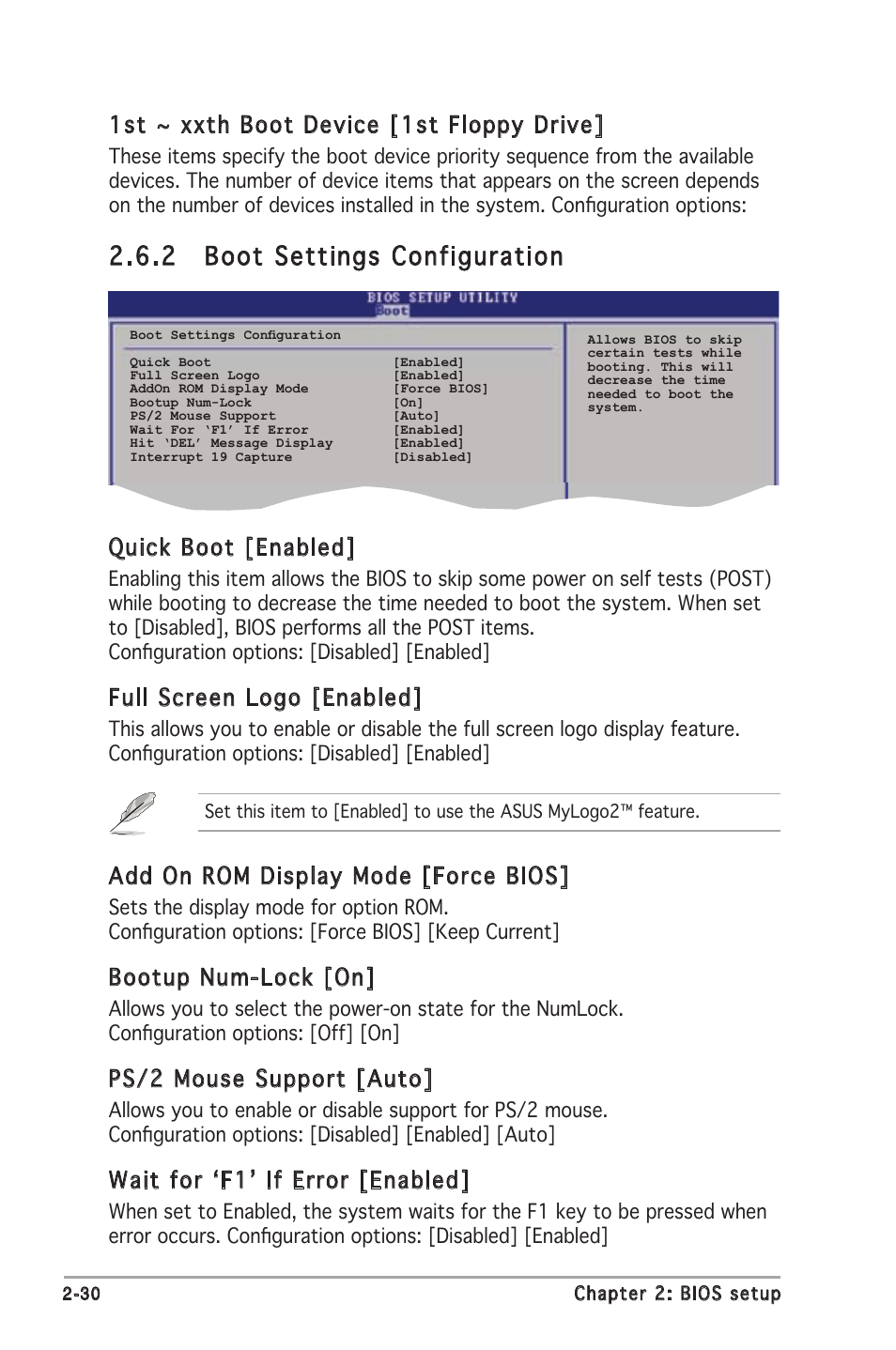 2 boot settings configuration, Quick boot [enabled, Full screen logo [enabled | Add on rom display mode [force bios, Bootup num-lock [on, Ps/2 mouse support [auto, Wait for ‘f1’ if error [enabled, 1st ~ xxth boot device [1st floppy drive | Asus M2N-MX User Manual | Page 68 / 72