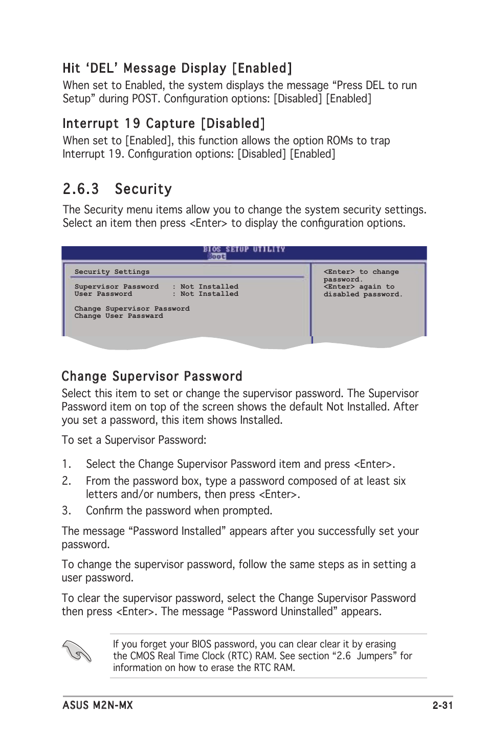 3 security, Hit ‘del’ message display [enabled, Interrupt 19 capture [disabled | Change supervisor password | Asus M2N-MX User Manual | Page 69 / 72