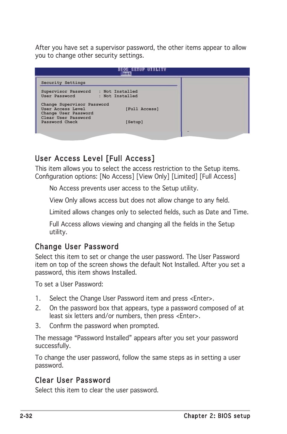 User access level [full access, Change user password, Clear user password | Asus M2N-MX User Manual | Page 70 / 72