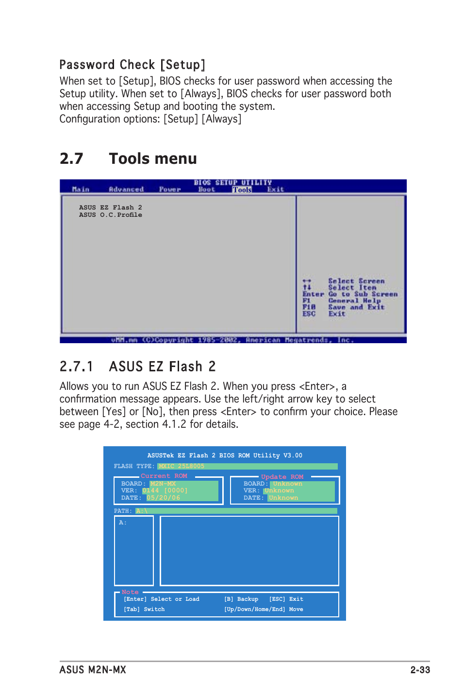 7 tools menu, 1 asus ez flash 2, Password check [setup | Asus M2N-MX User Manual | Page 71 / 72