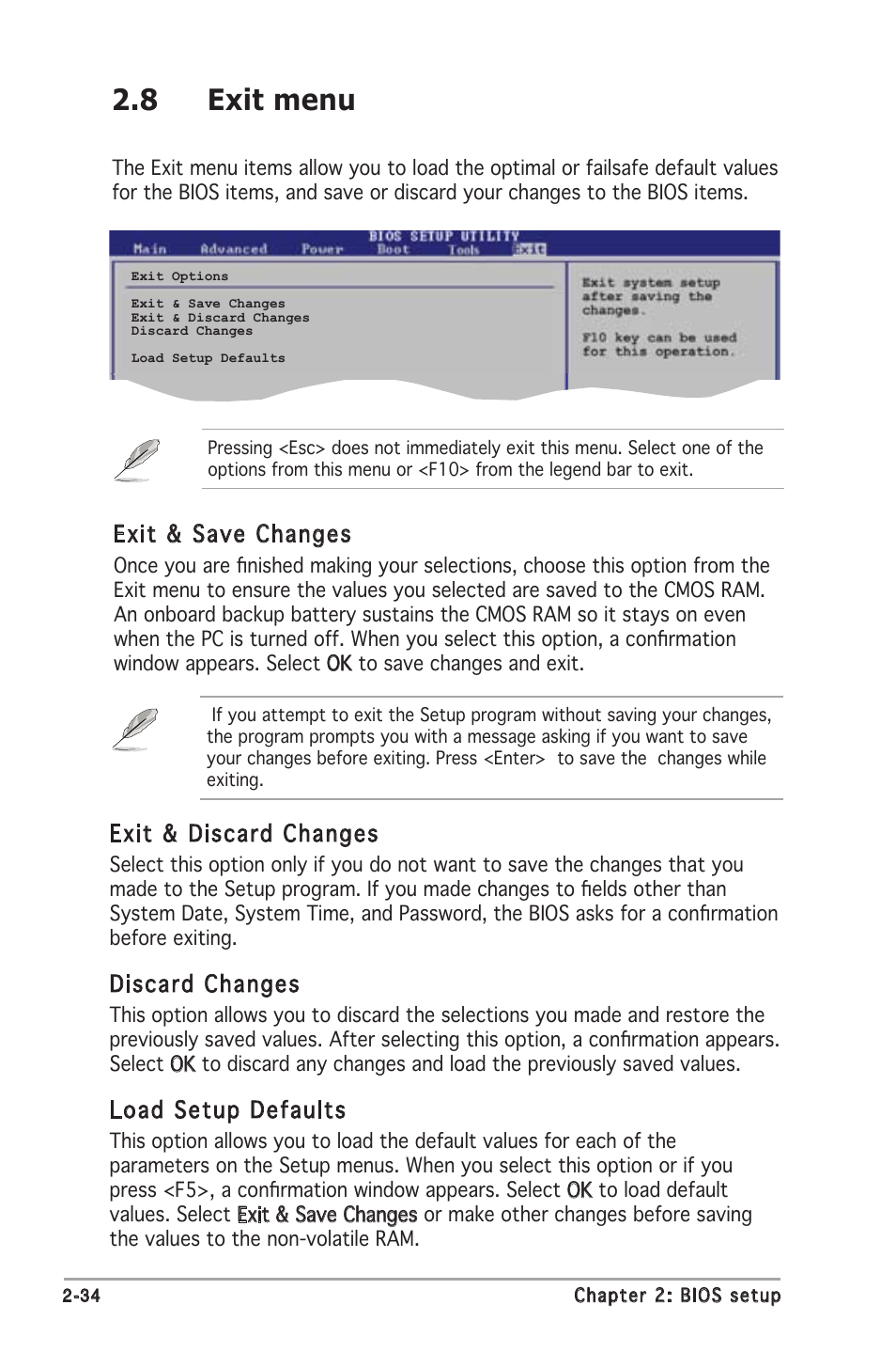 8 exit menu, Exit & discard changes, Discard changes | Load setup defaults, Exit & save changes | Asus M2N-MX User Manual | Page 72 / 72