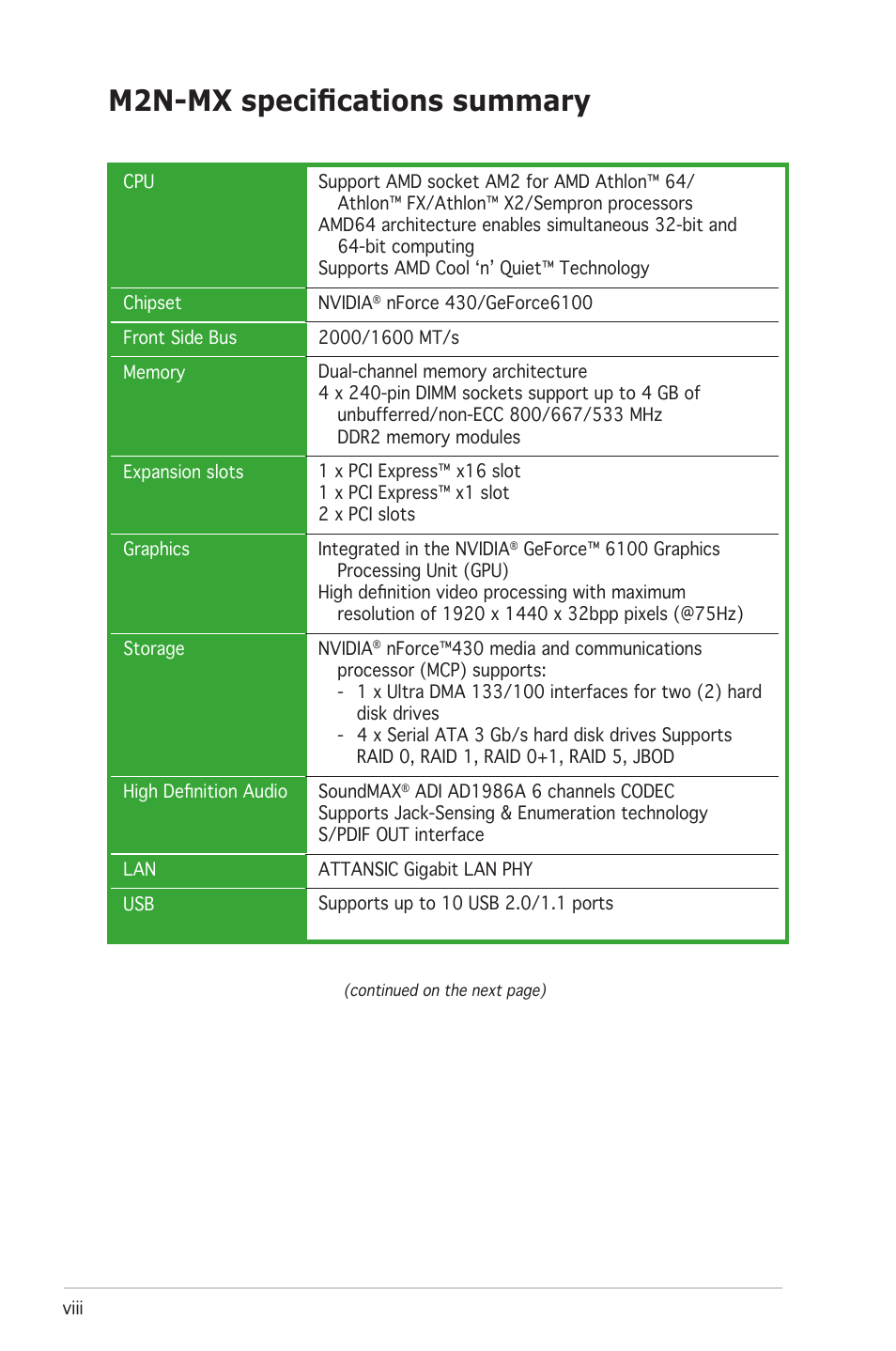 M2n-mx specifications summary | Asus M2N-MX User Manual | Page 8 / 72