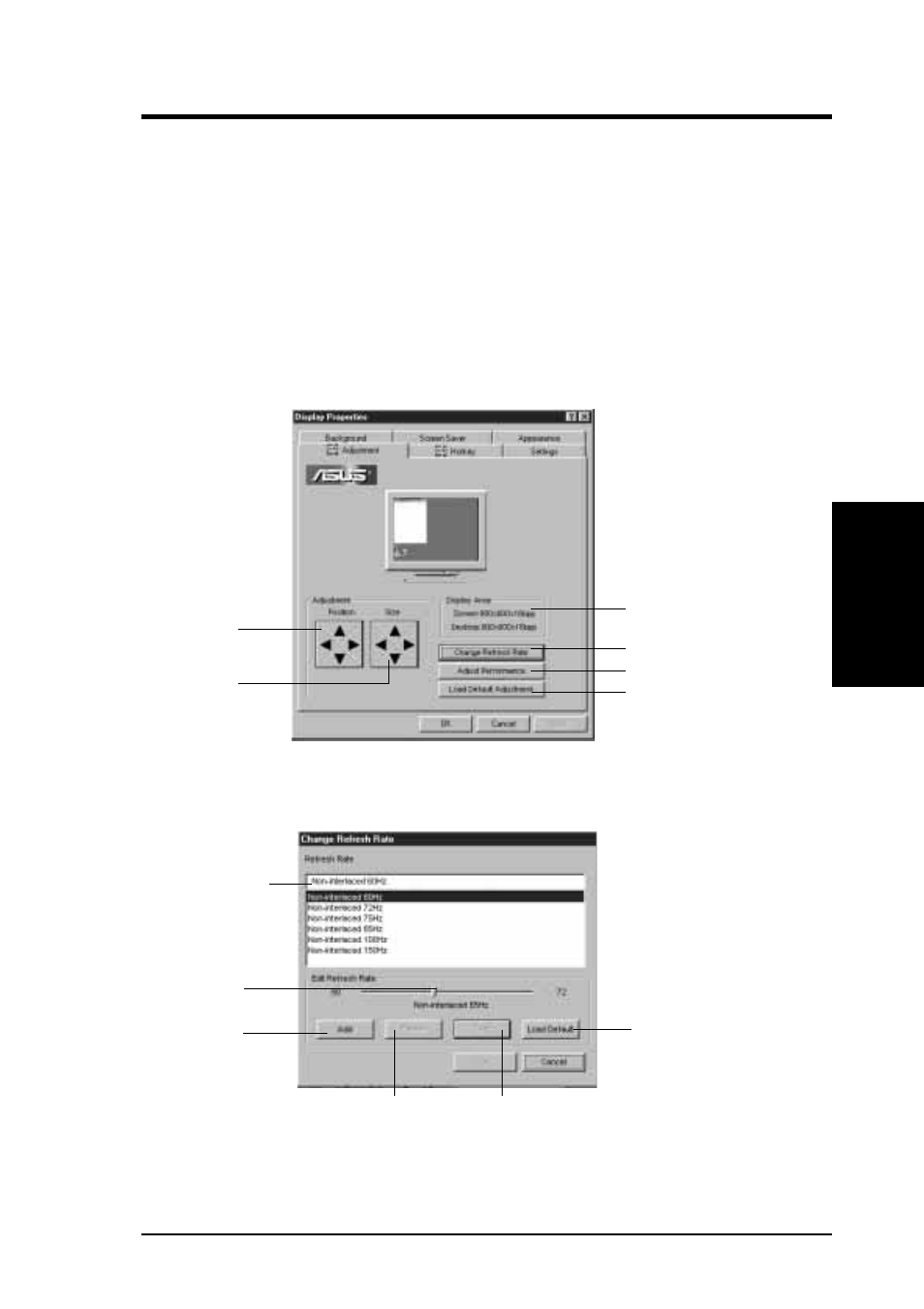 Iv. vga installation, Windows 95 display settings | Asus P/I-P65UP8/CP6ND User Manual | Page 35 / 40