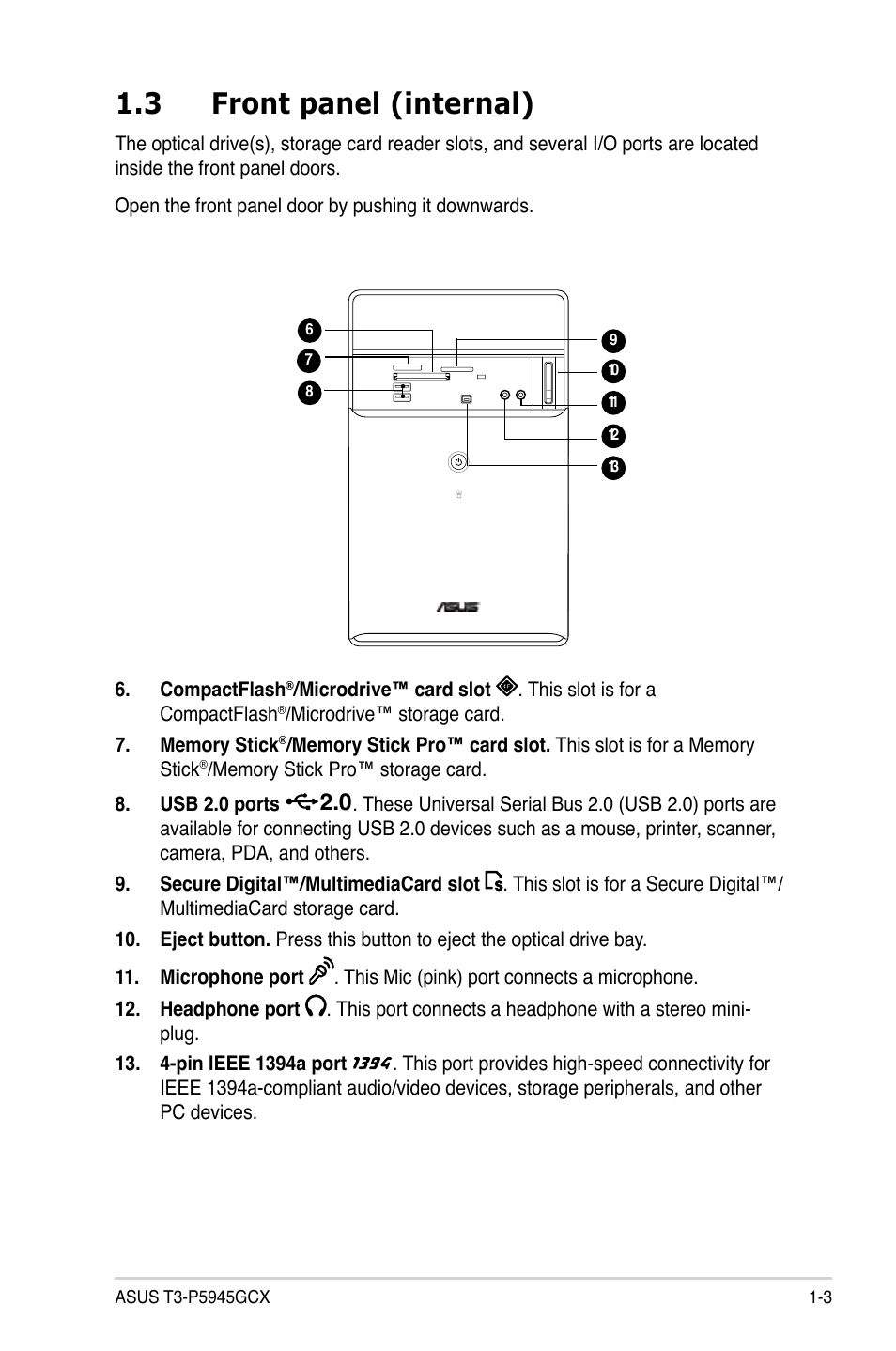 3 front panel (internal) | Asus T3-P5945GCX User Manual | Page 13 / 80