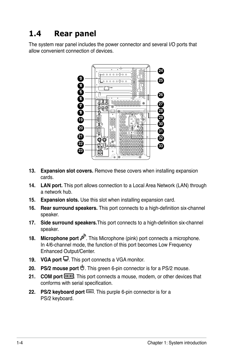 4 rear panel, 4 chapter 1: system introduction | Asus T3-P5945GCX User Manual | Page 14 / 80