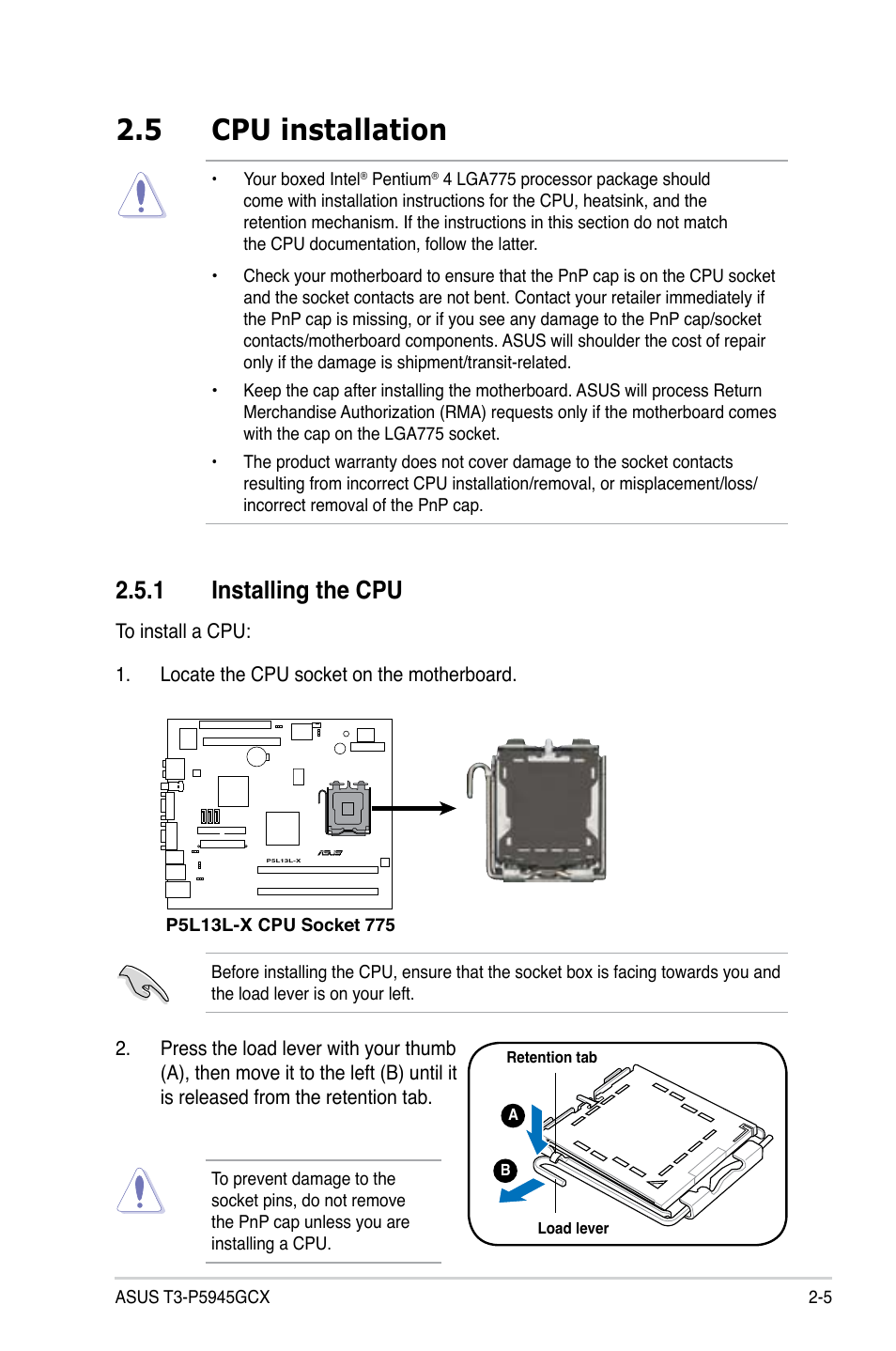 5 cpu installation, 1 installing the cpu | Asus T3-P5945GCX User Manual | Page 21 / 80