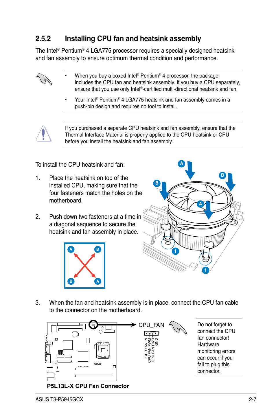 2 installing cpu fan and heatsink assembly, The intel, Pentium | Asus T3-P5945GCX User Manual | Page 23 / 80