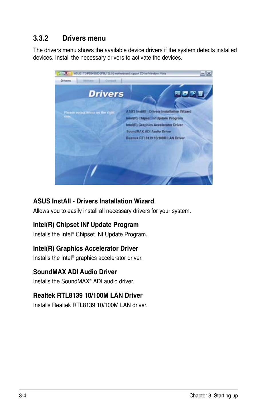 2 drivers menu | Asus T3-P5945GCX User Manual | Page 38 / 80