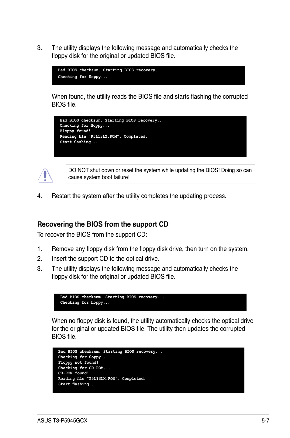 Recovering the bios from the support cd | Asus T3-P5945GCX User Manual | Page 55 / 80