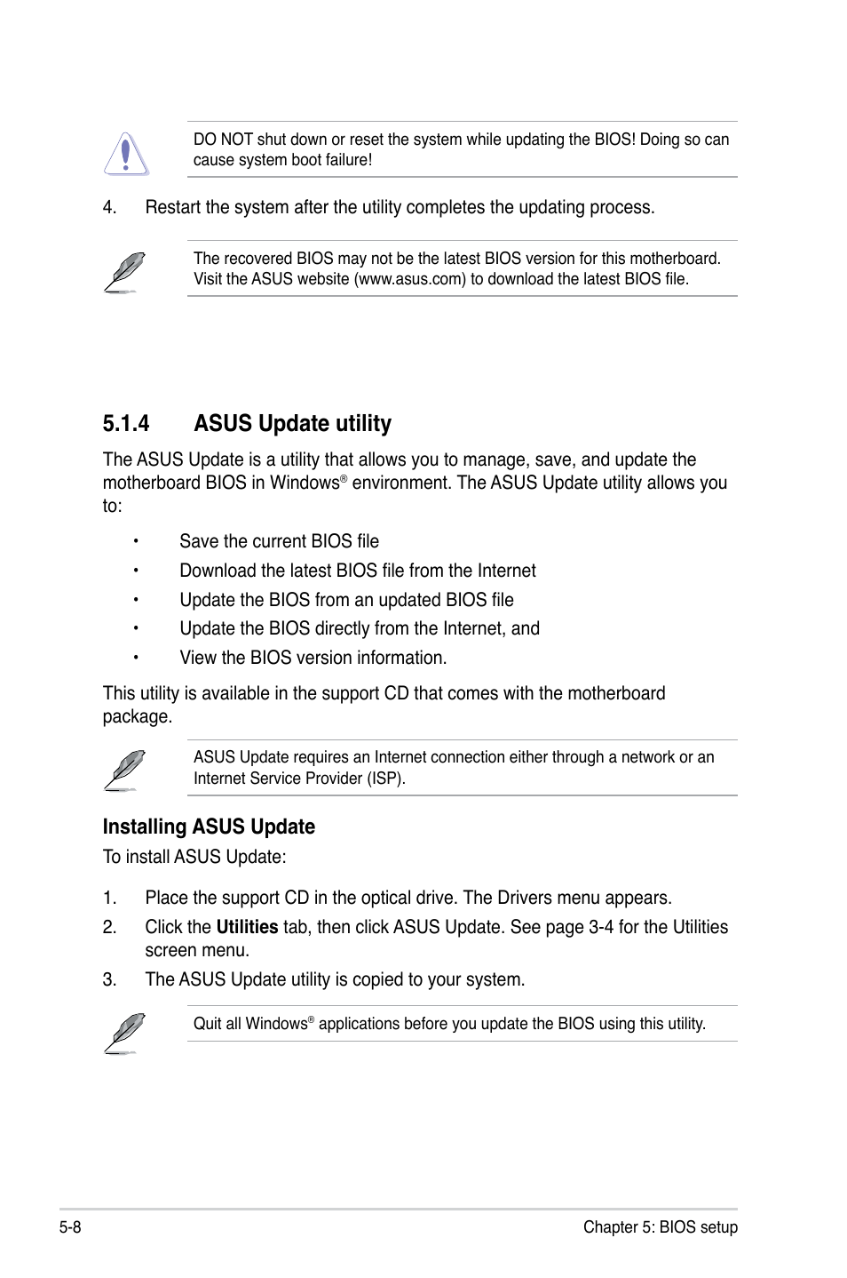 4 asus update utility, Installing asus update | Asus T3-P5945GCX User Manual | Page 56 / 80