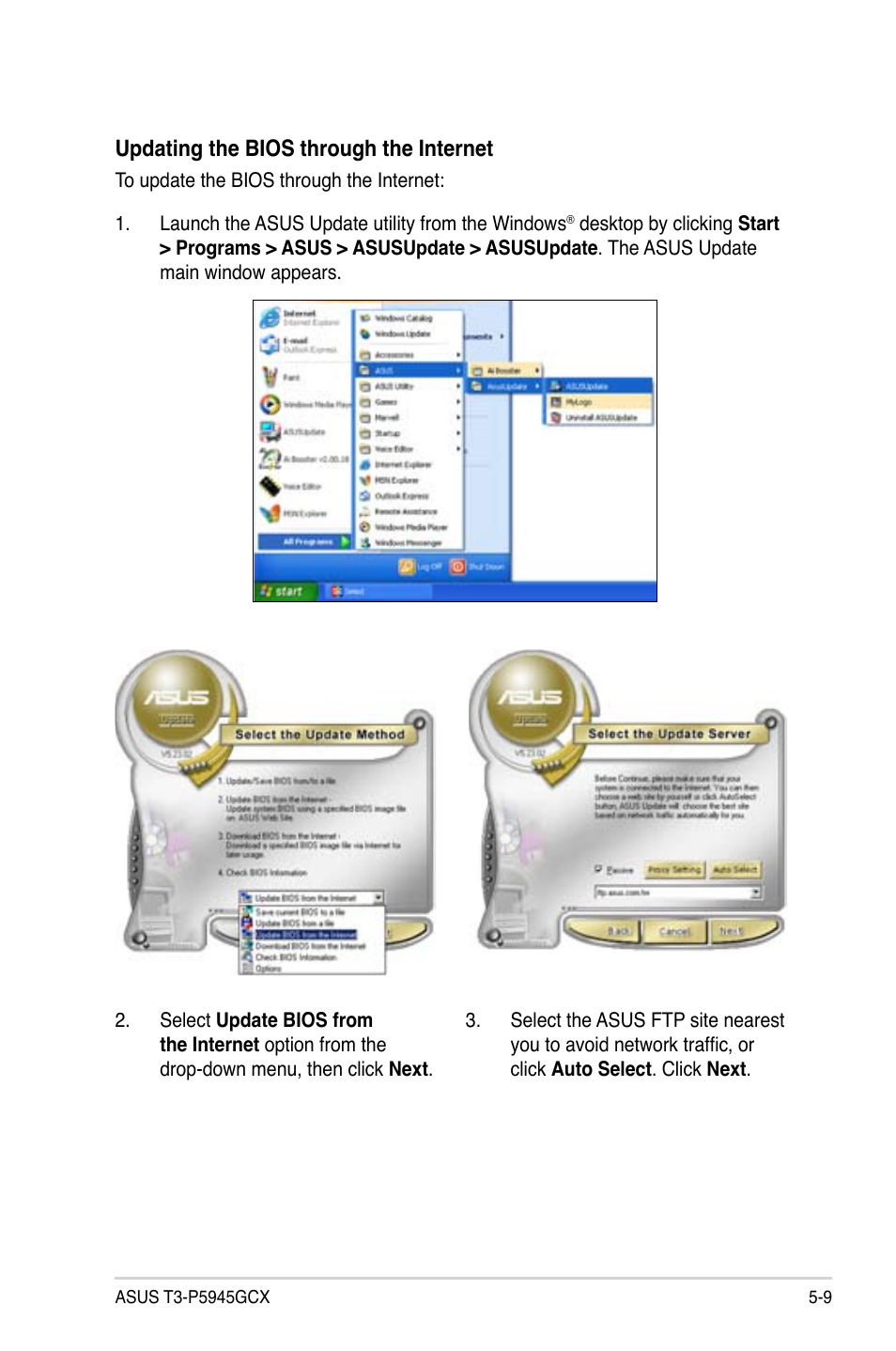 Updating the bios through the internet | Asus T3-P5945GCX User Manual | Page 57 / 80