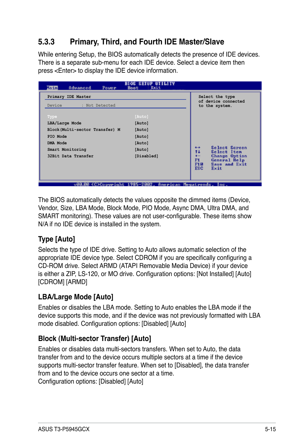 3 primary, third, and fourth ide master/slave, Type [auto, Lba/large mode [auto | Block (multi-sector transfer) [auto | Asus T3-P5945GCX User Manual | Page 63 / 80