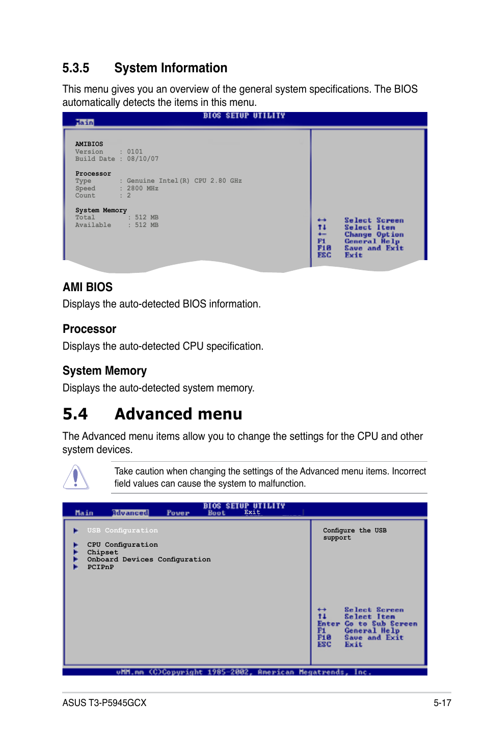 4 advanced menu, 5 system information, Ami bios | Processor | Asus T3-P5945GCX User Manual | Page 65 / 80