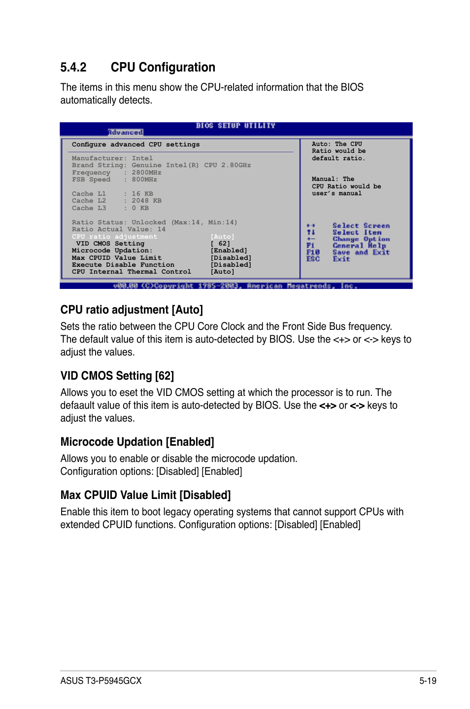 2 cpu configuration, Cpu ratio adjustment [auto, Vid cmos setting [62 | Microcode updation [enabled, Max cpuid value limit [disabled | Asus T3-P5945GCX User Manual | Page 67 / 80