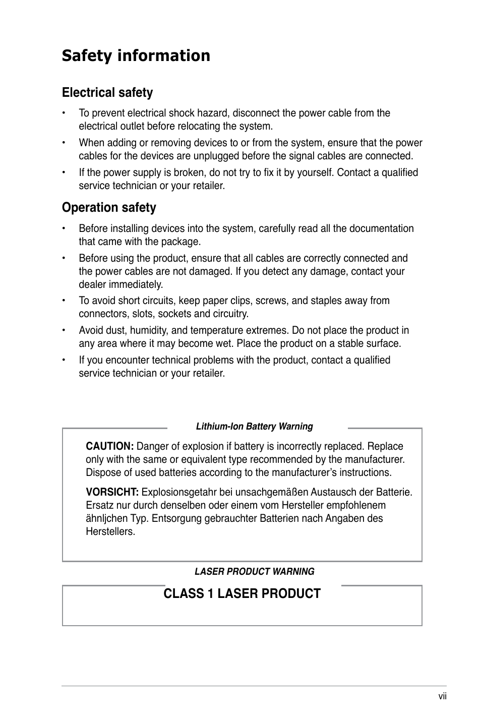 Safety information, Electrical safety, Operation safety | Class 1 laser product | Asus T3-P5945GCX User Manual | Page 7 / 80