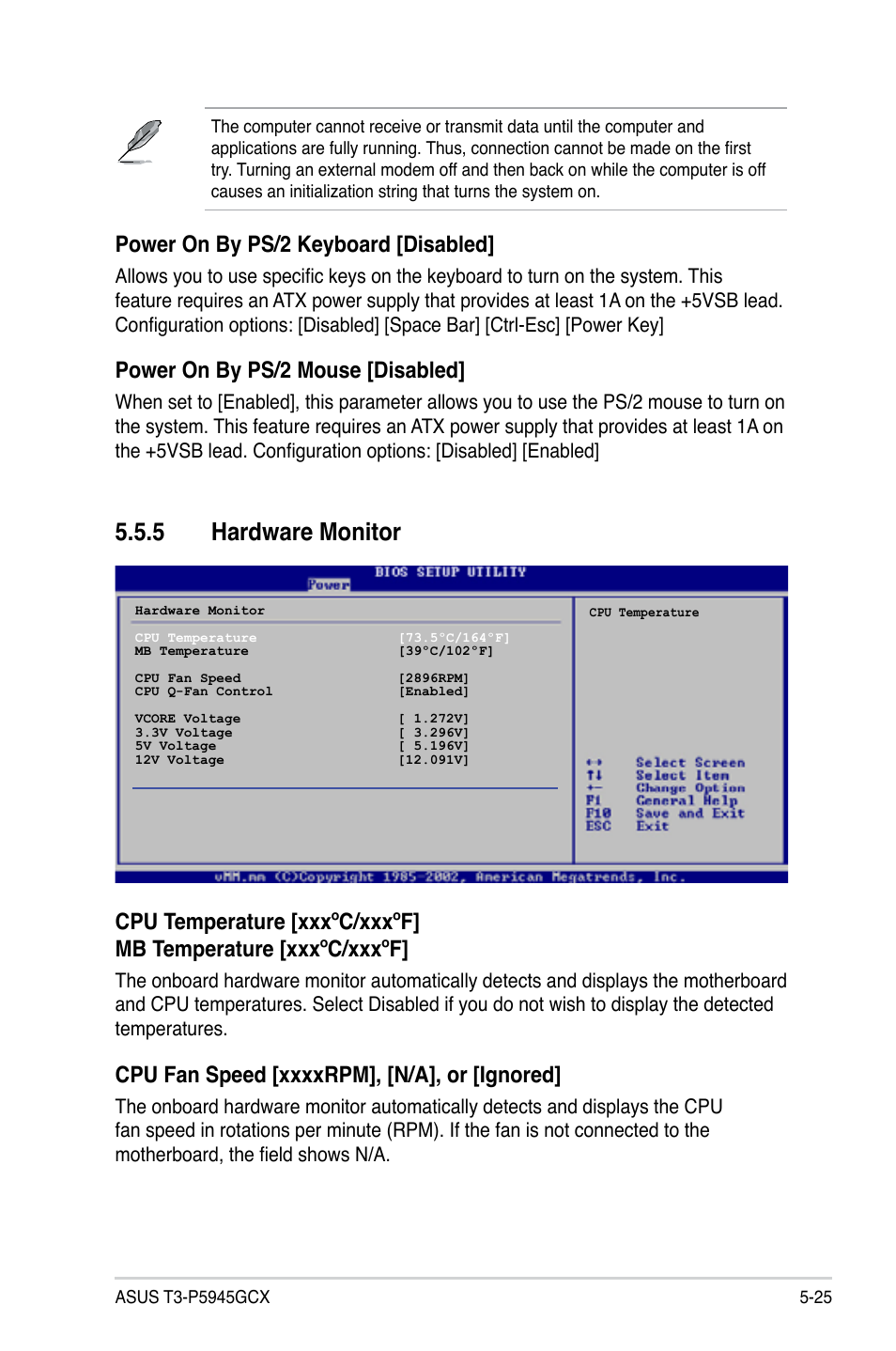 5 hardware monitor, Power on by ps/2 keyboard [disabled, Power on by ps/2 mouse [disabled | Asus T3-P5945GCX User Manual | Page 73 / 80