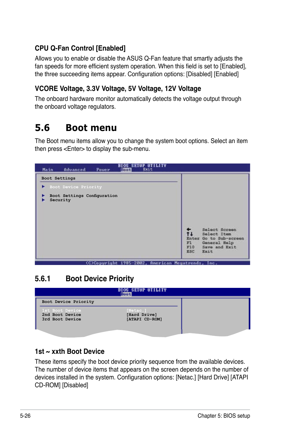 6 boot menu, 1 boot device priority, Cpu q-fan control [enabled | 1st ~ xxth boot device | Asus T3-P5945GCX User Manual | Page 74 / 80