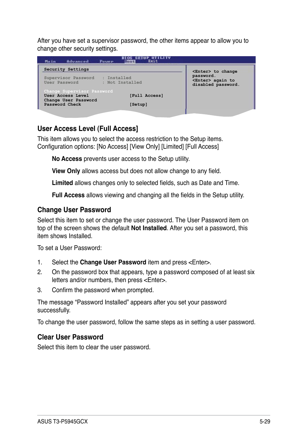 User access level (full access, Change user password, Clear user password | Asus T3-P5945GCX User Manual | Page 77 / 80