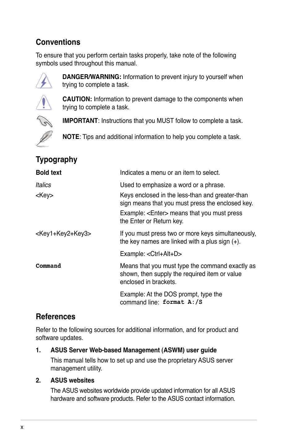 References, Conventions, Typography | Asus RS520-X5/PS8 User Manual | Page 10 / 150