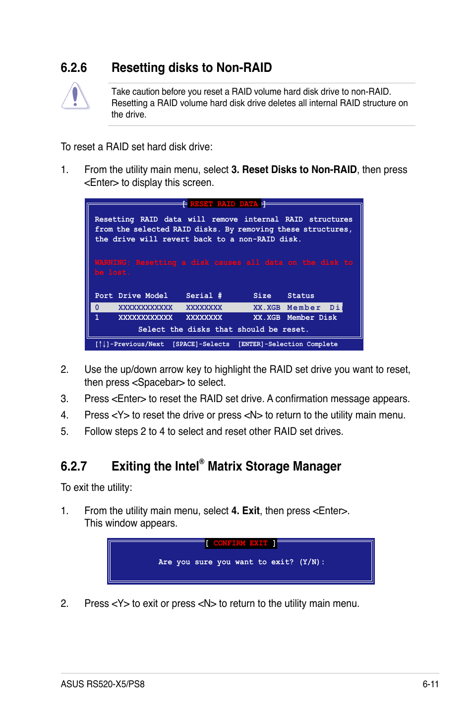 7 exiting the intel, Matrix storage manager, 6 resetting disks to non-raid | Asus RS520-X5/PS8 User Manual | Page 109 / 150