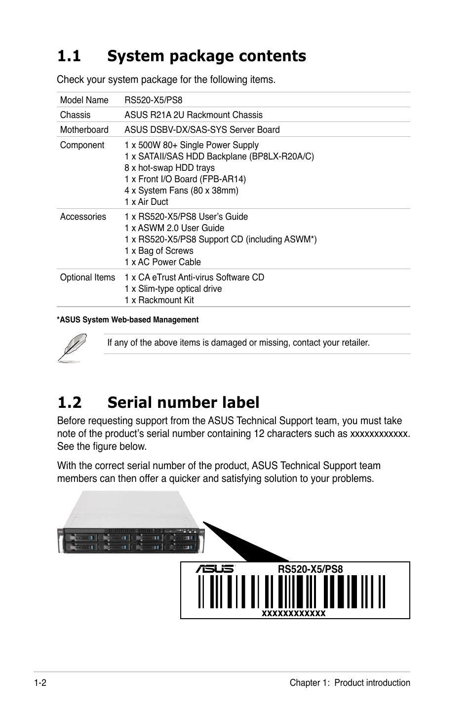 1 system package contents, 2 serial number label | Asus RS520-X5/PS8 User Manual | Page 12 / 150