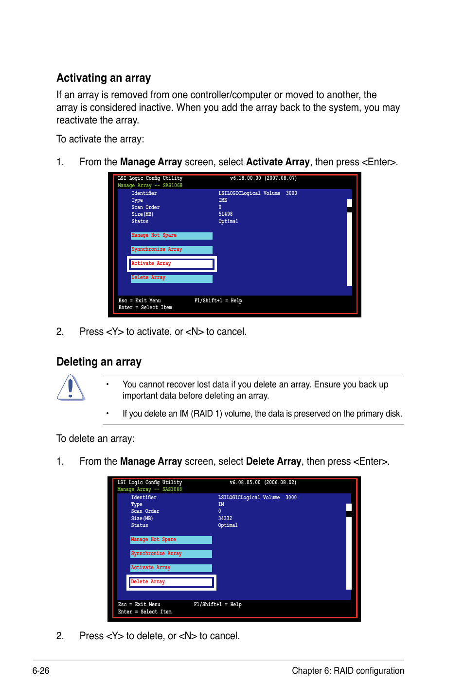 Activating an array, Deleting an array, 26 chapter 6: raid configuration | Asus RS520-X5/PS8 User Manual | Page 124 / 150