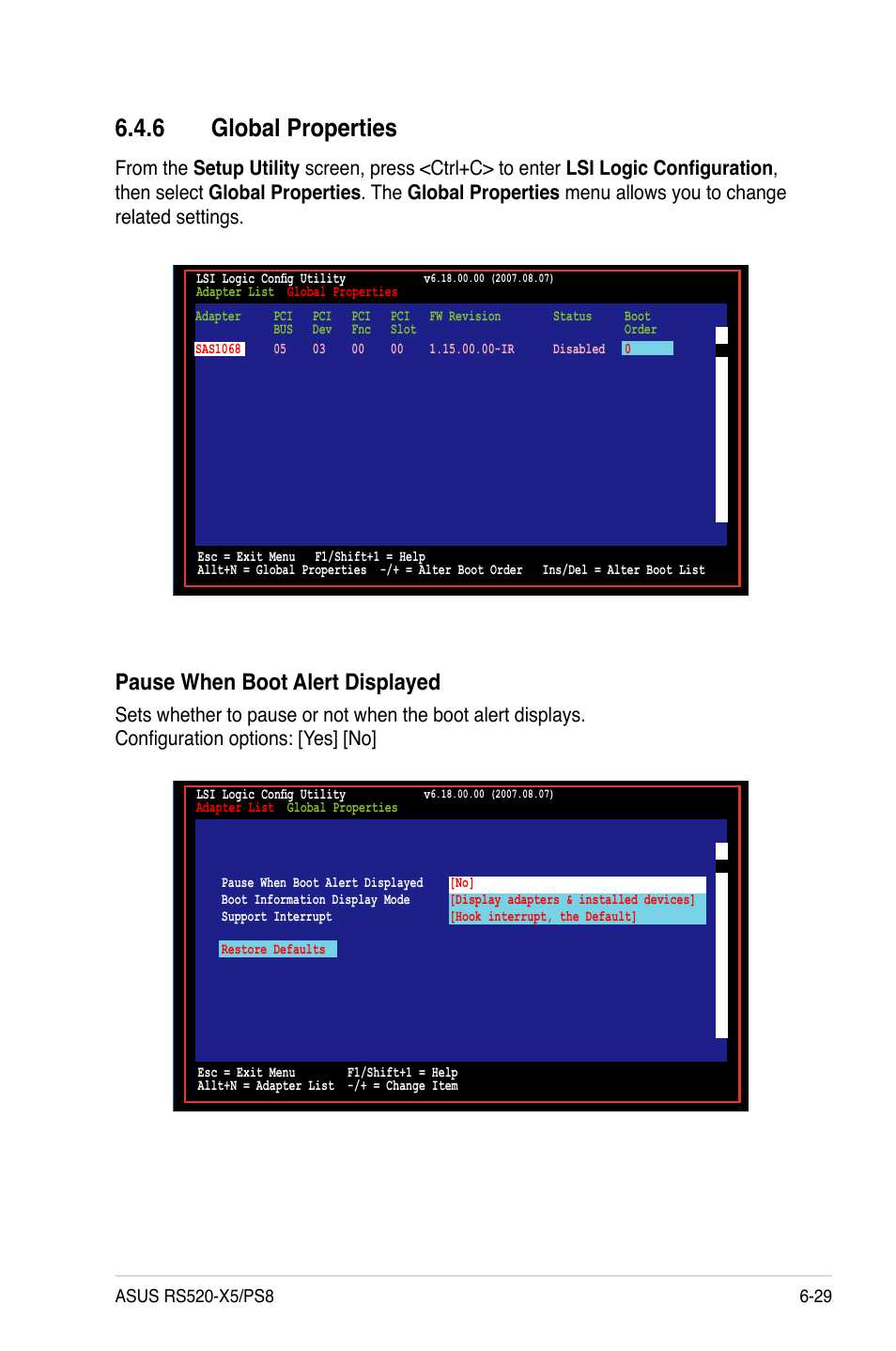 6 global properties, Pause when boot alert displayed | Asus RS520-X5/PS8 User Manual | Page 127 / 150