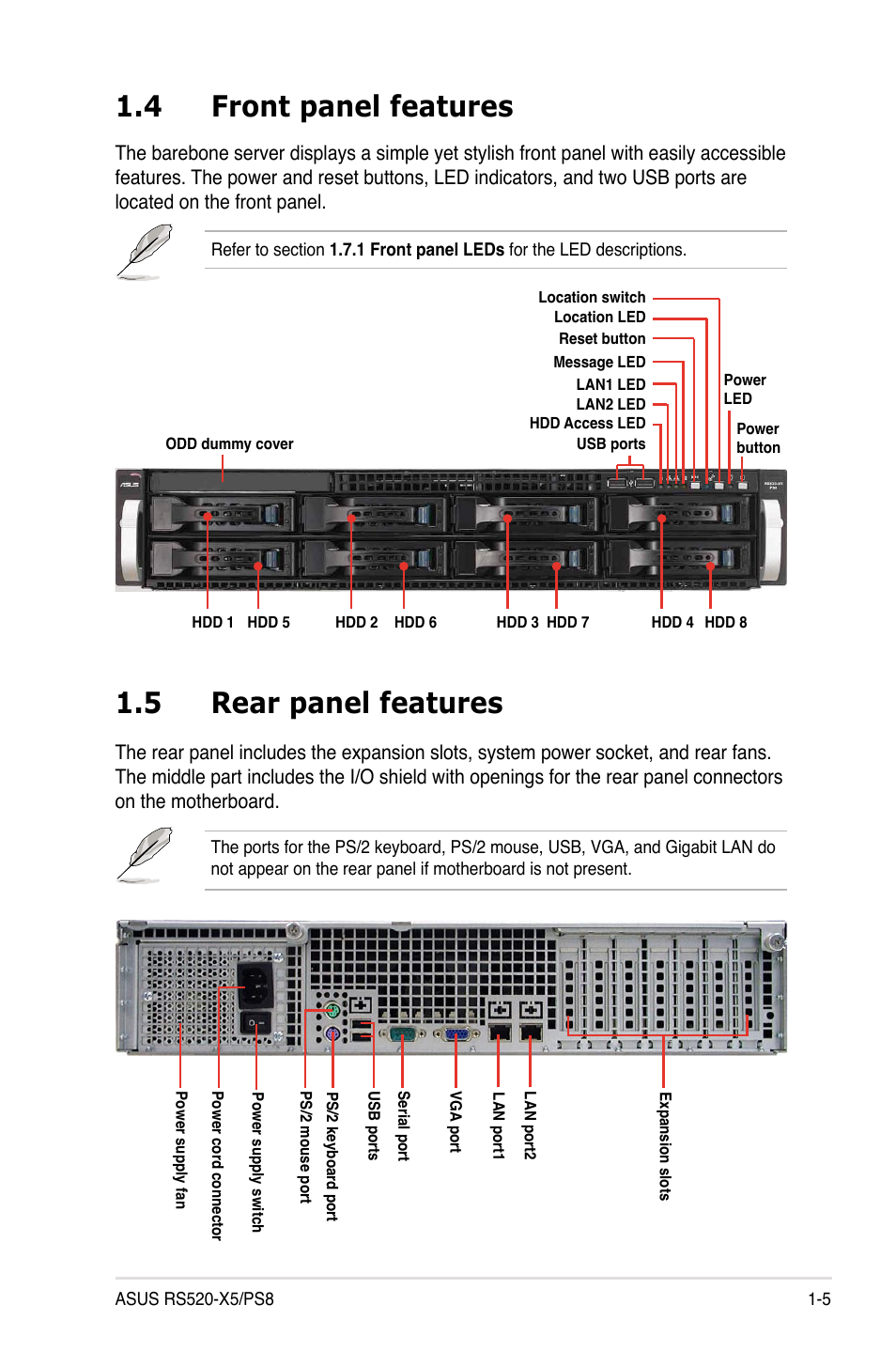 4 front panel features, 5 rear panel features | Asus RS520-X5/PS8 User Manual | Page 15 / 150