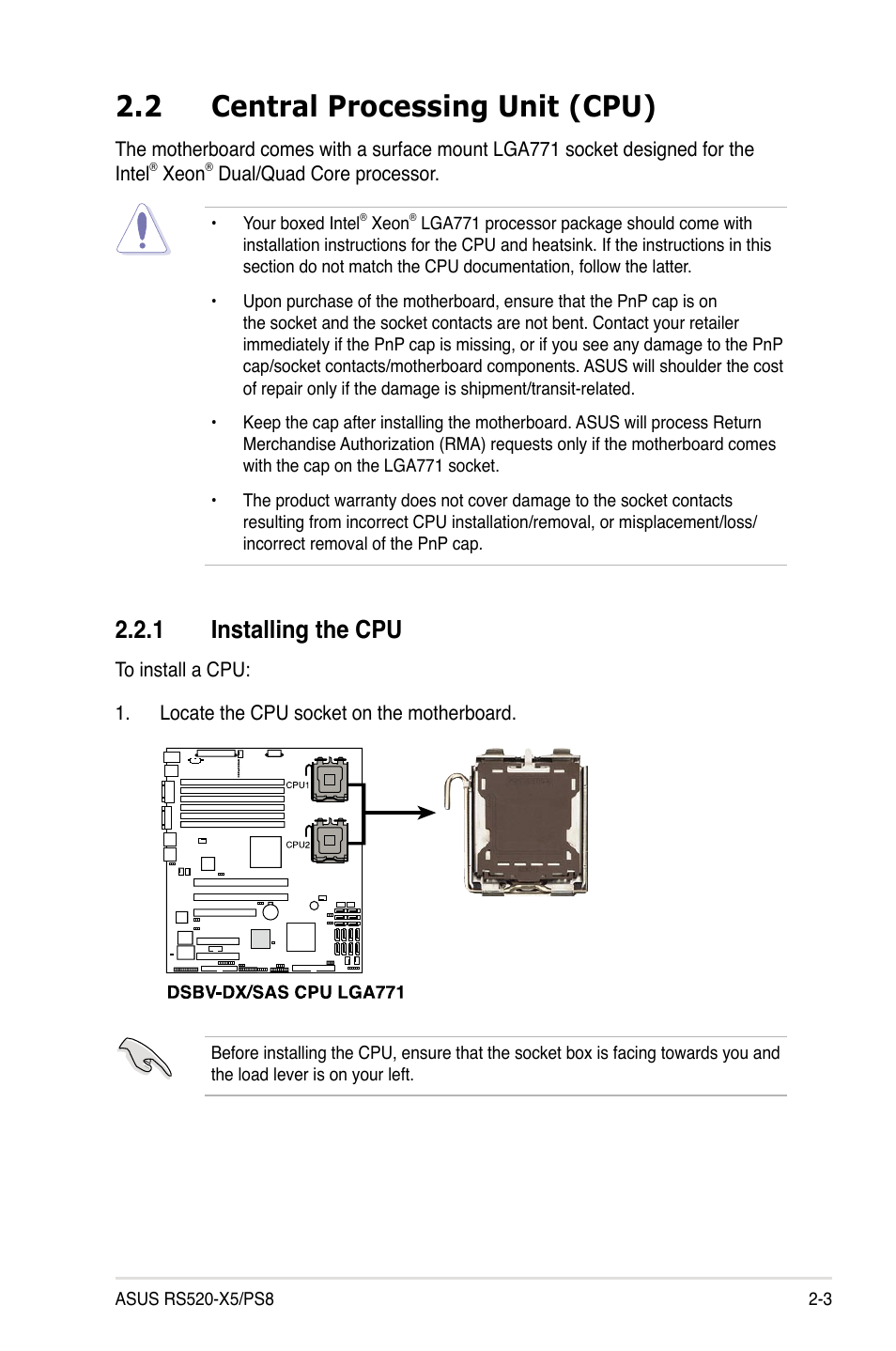 2 central processing unit (cpu), 1 installing the cpu | Asus RS520-X5/PS8 User Manual | Page 21 / 150